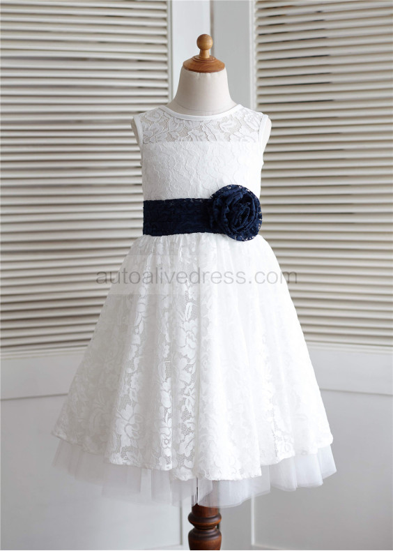 Ivory Lace Tulle Knee Length Flower Girl Dress 